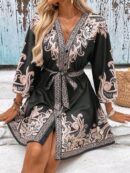 Vestido Casual Estampado con Cintura Alta y Manga Linterna