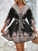 Vestido Casual Estampado con Cintura Alta y Manga Linterna