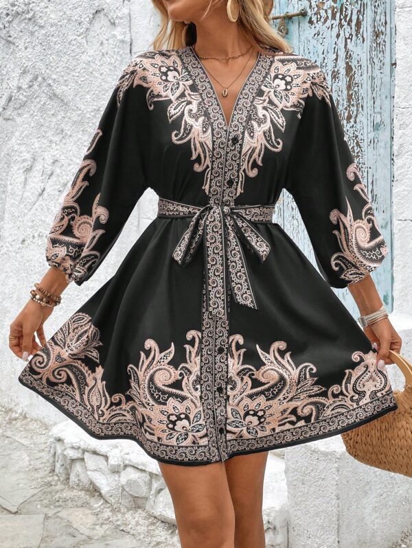 Vestido Casual Estampado con Cintura Alta y Manga Linterna - Image 5