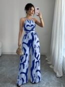 Mono Largo Estampado con Cuello Halter y Detalles Fruncidos