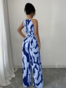 Mono Largo Estampado con Cuello Halter y Detalles Fruncidos