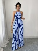Mono Largo Estampado con Cuello Halter y Detalles Fruncidos