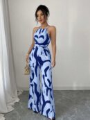 Mono Largo Estampado con Cuello Halter y Detalles Fruncidos