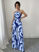 Mono Largo Estampado con Cuello Halter y Detalles Fruncidos