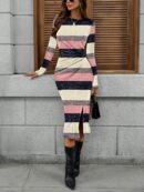 Vestido Midi Casual Cintura Ruched, Manga Larga y Abertura Lateral