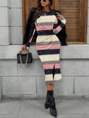 Vestido Midi Casual Cintura Ruched, Manga Larga y Abertura Lateral
