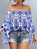 Blusa Casual de Hombros Descubiertos con Estampado Variado y Manga Larga