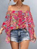 Blusa Casual de Hombros Descubiertos con Estampado Variado y Manga Larga