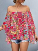 Blusa Casual de Hombros Descubiertos con Estampado Variado y Manga Larga