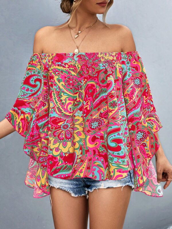 Blusa Casual de Hombros Descubiertos con Estampado Variado y Manga Larga - Image 3