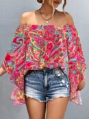 Blusa Casual de Hombros Descubiertos con Estampado Variado y Manga Larga