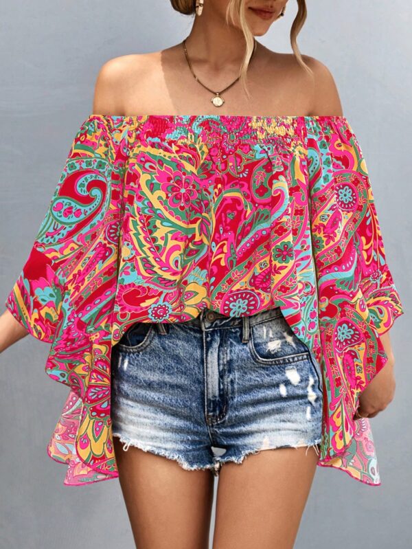 Blusa Casual de Hombros Descubiertos con Estampado Variado y Manga Larga - Image 4