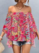 Blusa Casual de Hombros Descubiertos con Estampado Variado y Manga Larga