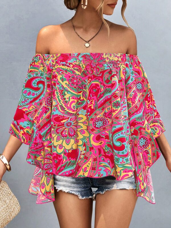 Blusa Casual de Hombros Descubiertos con Estampado Variado y Manga Larga - Image 5